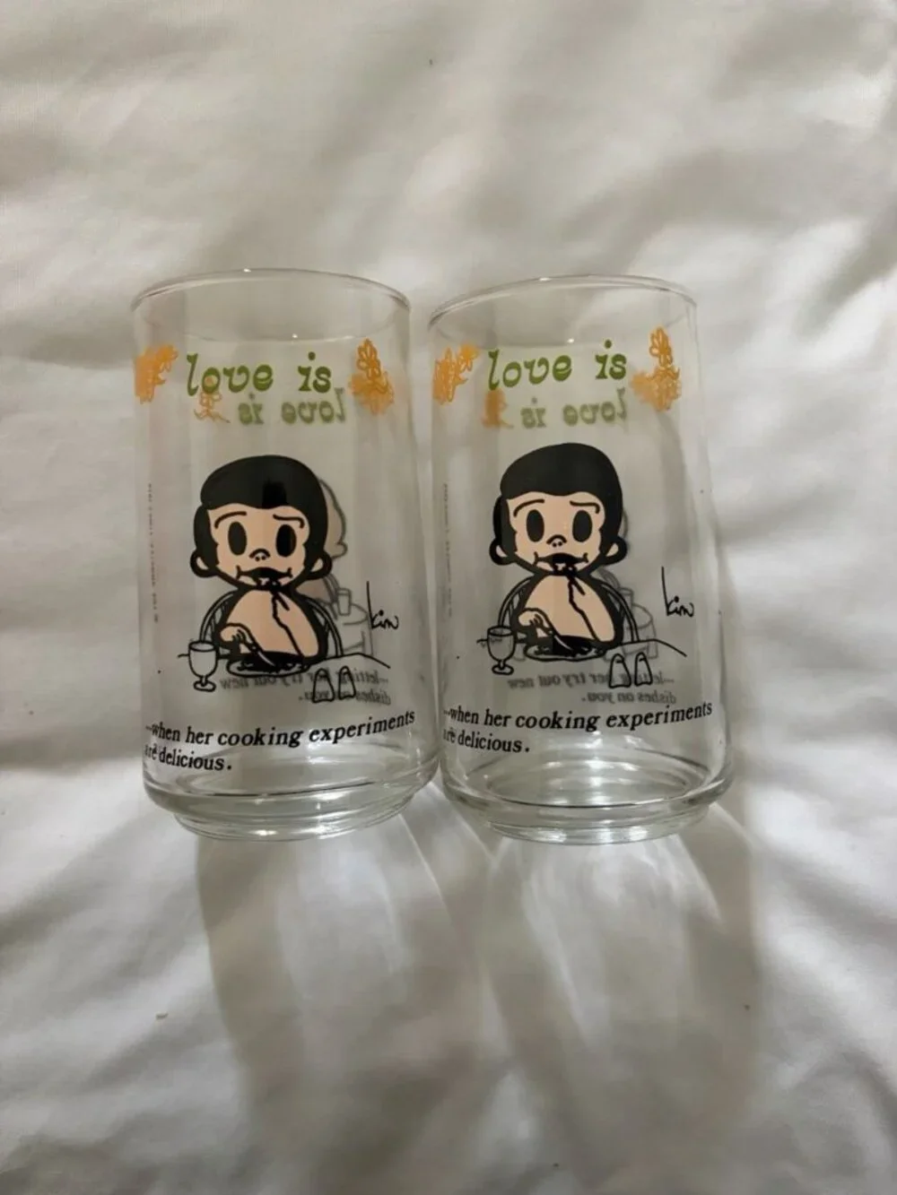 Vintage Anchor Hocking 1976 Kim Casali LA Times Love Is 8 Pc Set 12oz Glass Cups